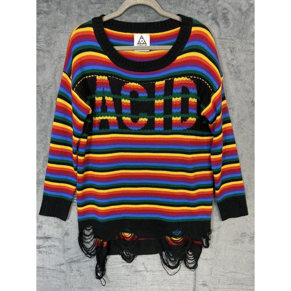 Vintage UNIF Acid Small Oversized Sweater Psychedelic Rainbow Rave Asymmetrical